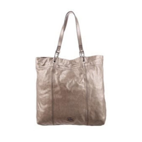 Burberry Dark Nickel Metallic Leather Drawstring Tote with Metal Accents - Picture 1 of 16